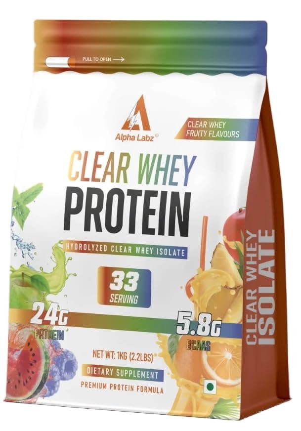 Alpha Labz Clear Whey Protein | Hydrolyzed Whey Isolate | 24g Protein, 5.8g BCAAs, 33 Servings | Mango Flavour | Fast Absorbing | Low Carb & Fat | For Muscle Recovery & Lean Muscle Growth | 1kg