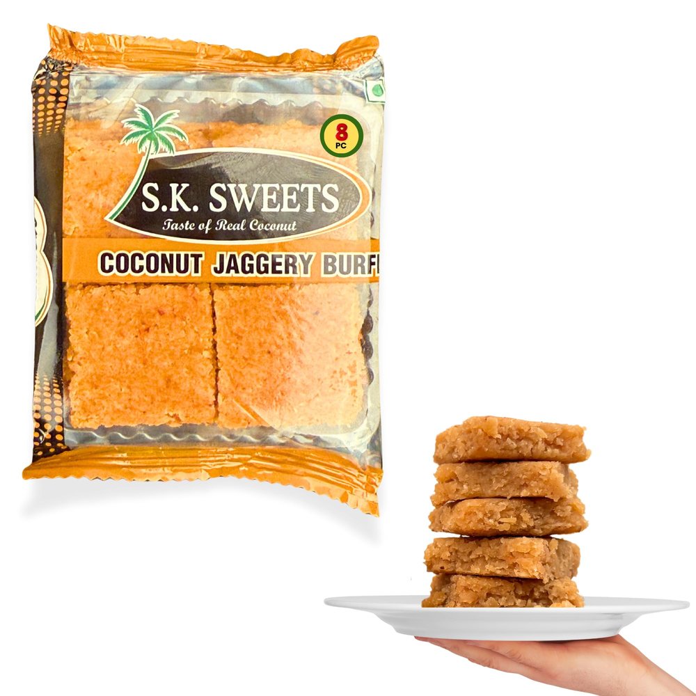 SK & SK SWEETS Jaggery Coconut Burfi | Coconut Barfi Sweet | Indian Mithai | Jaggery Barfi | Burfi Sweets | nariyal mittai,kobri mittai,thenga mithai (15 Packs)