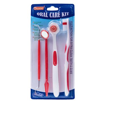 Professional Oral Care Kit, 5-Piece Dental Cleaning Set with Mirror, Scaler, Toothbrush, Red and White