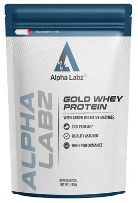 Alpha Labz Gold Whey Protein | 27g Protein per Scoop | Added Digestive Enzymes | Muscle Growth & Recovery | Low Fat, High Protein Supplement | Fast Absorbing Whey Concentrate | 1kg | Kulfi Flavor