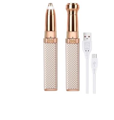 Facial Hair Remover for Women | 2-in-1 Rechargeable Eyebrow Trimmer with LED Ring Light | Painless Hair Removal for Face, Chin, Nose & Upper Lip | Portable Gold Epilator