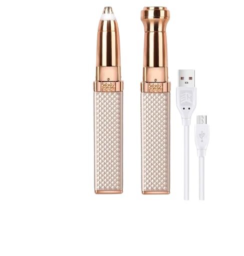 Facial Hair Remover for Women | 2-in-1 Rechargeable Eyebrow Trimmer with LED Ring Light | Painless Hair Removal for Face, Chin, Nose & Upper Lip | Portable Gold Epilator