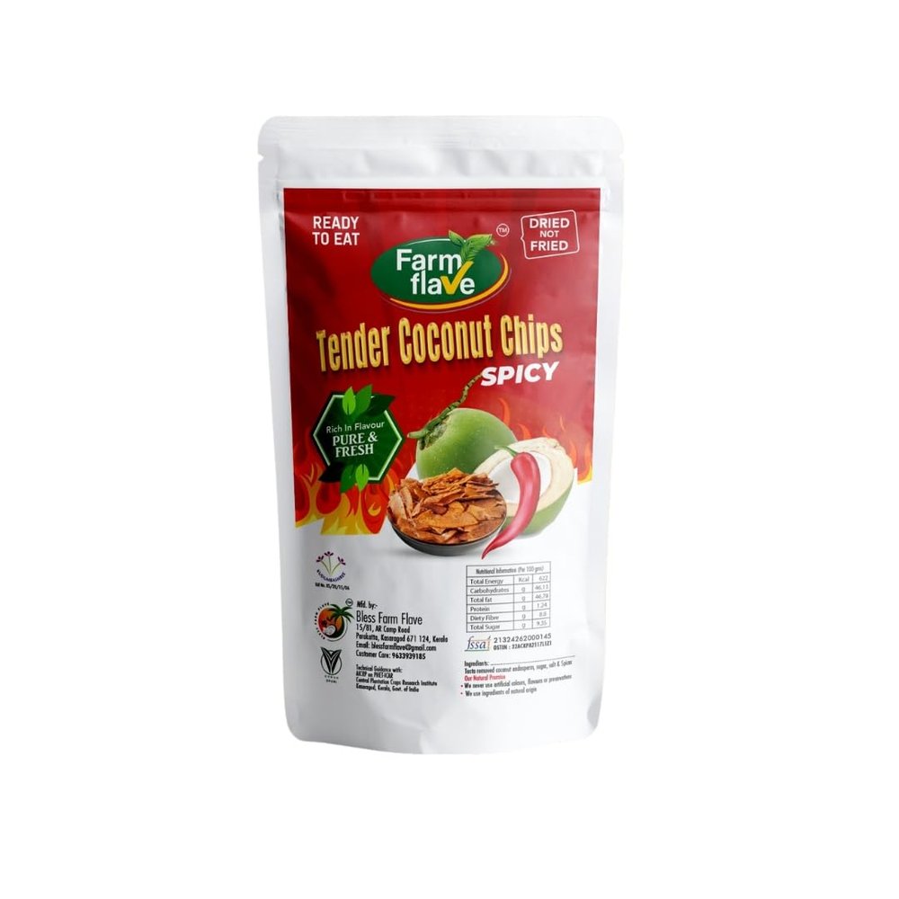 Farm Flave Tender Coconut Chips, Spicy Flavour, Ready to Eat Pure and Fresh Snacks, Dried Not Fried (25g)