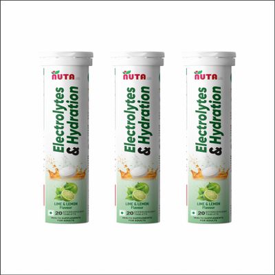 ELECTROLYTES & HYDRATION EFFERVESCENT TABLETS for Instant Hydration, Boosts Energy Levels,Restores Electrolyte Balance,fast & Reload Hydration, Perfect for Active Lifestyles|lime & lemon flavour Effervescent tablets for Men & Women | PACK OF 3 (60 TA