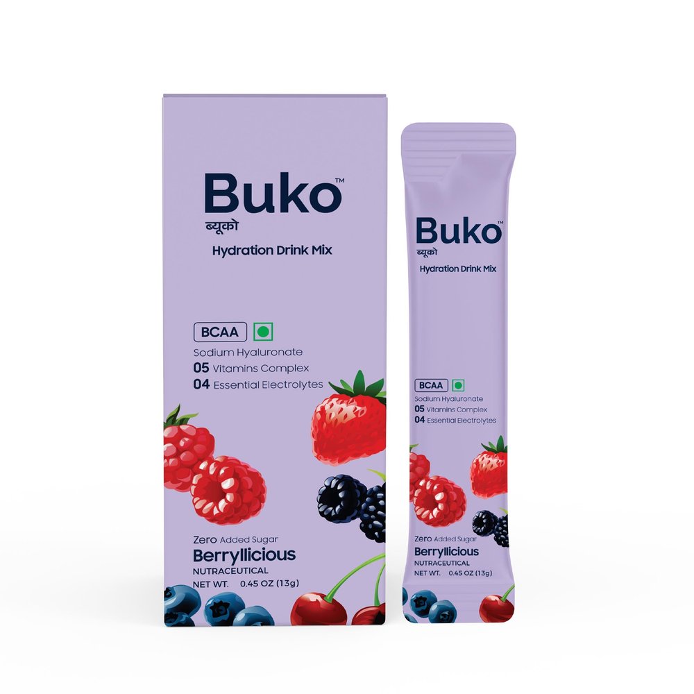 BUKO Hydration Drink Mix, Powered by BCAA, Sodium Hyaluronate, 4 Essential Electrolytes, 5 Vitamins Complex, Sugar Free, Refreshing Berrylicious Flavor, Pack of 5