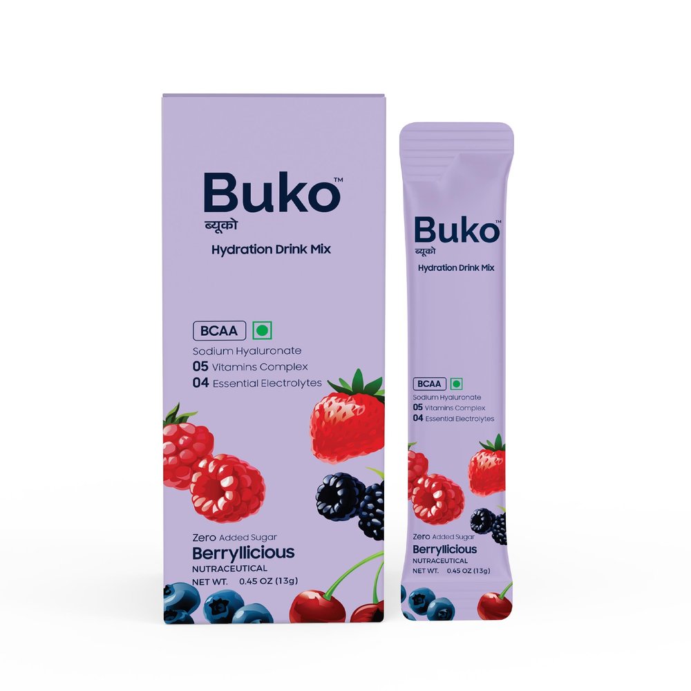BUKO Hydration Drink Mix, Powered by BCAA, Sodium Hyaluronate, 4 Essential Electrolytes, 5 Vitamins Complex, Sugar Free, Refreshing Berrylicious Flavor Pack of 12