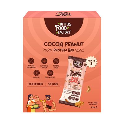 Better Food Factory Cocoa Peanut Protein Bar  High Protein Snack with Real Cocoa & Peanuts | Low Sugar | Gluten-Free | Healthy Muscle Fuel | On-the-Go Nutrition (Pack of 8, Cocoa Peanut)