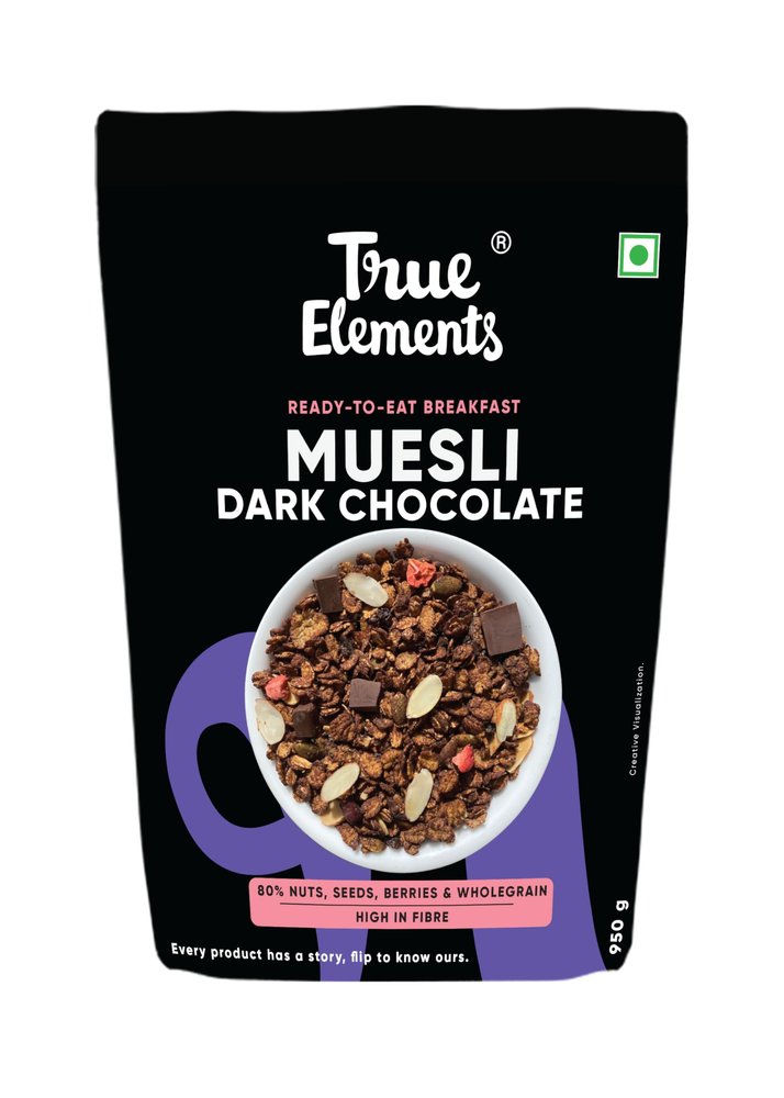 True Elements Dark Chocolate Muesli, Ready-to-Eat Breakfast Cereal, High in Fiber, with Nuts, Seeds, Berries & Wholegrain, 950g
