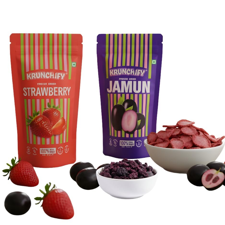 Krunchify Freeze Dried Fruit Jamun & Strawberry Combo Pack | Healthy Snacks for Kids and Adults | 100% Natural Fruits, Vegan & Gluten Free | 12 Months Shelf Life | No Added Sugar, No Preservatives | Perfect For Gifting & Travelling | Serving - 16g Ea