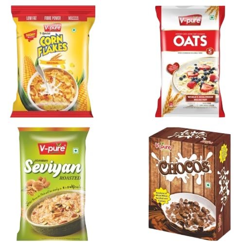 Vpure Healthy Breakfast Combo Tasty, Nutritious & Perfect Start to Your Day Oats 500g Seviyan 200g Chocos 250g Cornflakes 200g (4 Item)