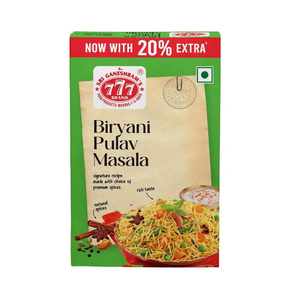 777 Biriyani Pulav Masala 50g + 10g Extra (Pack of 2) | Aromatic Rice Spice Blend | Hyderabadi Style Biryani Mix | Total 120g
