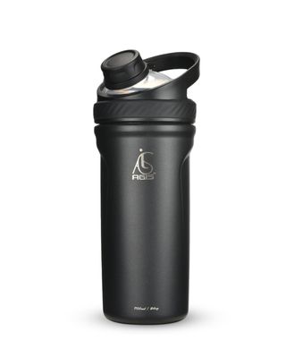 AGIS Premium Protein Shaker Bottle, Matte Black Stainless Steel, 700ml Gym Bottle with Flip-Top Lid, Blender Mixer for Fitness Drinks (Black)