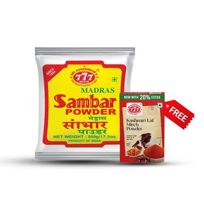 777 Sambar Powder 500g | Authentic Madras Sambar Podi for Idli & Rice | Rich Aroma & Homestyle Taste | FREE 60g Kashmiri Lal Mirch Powder