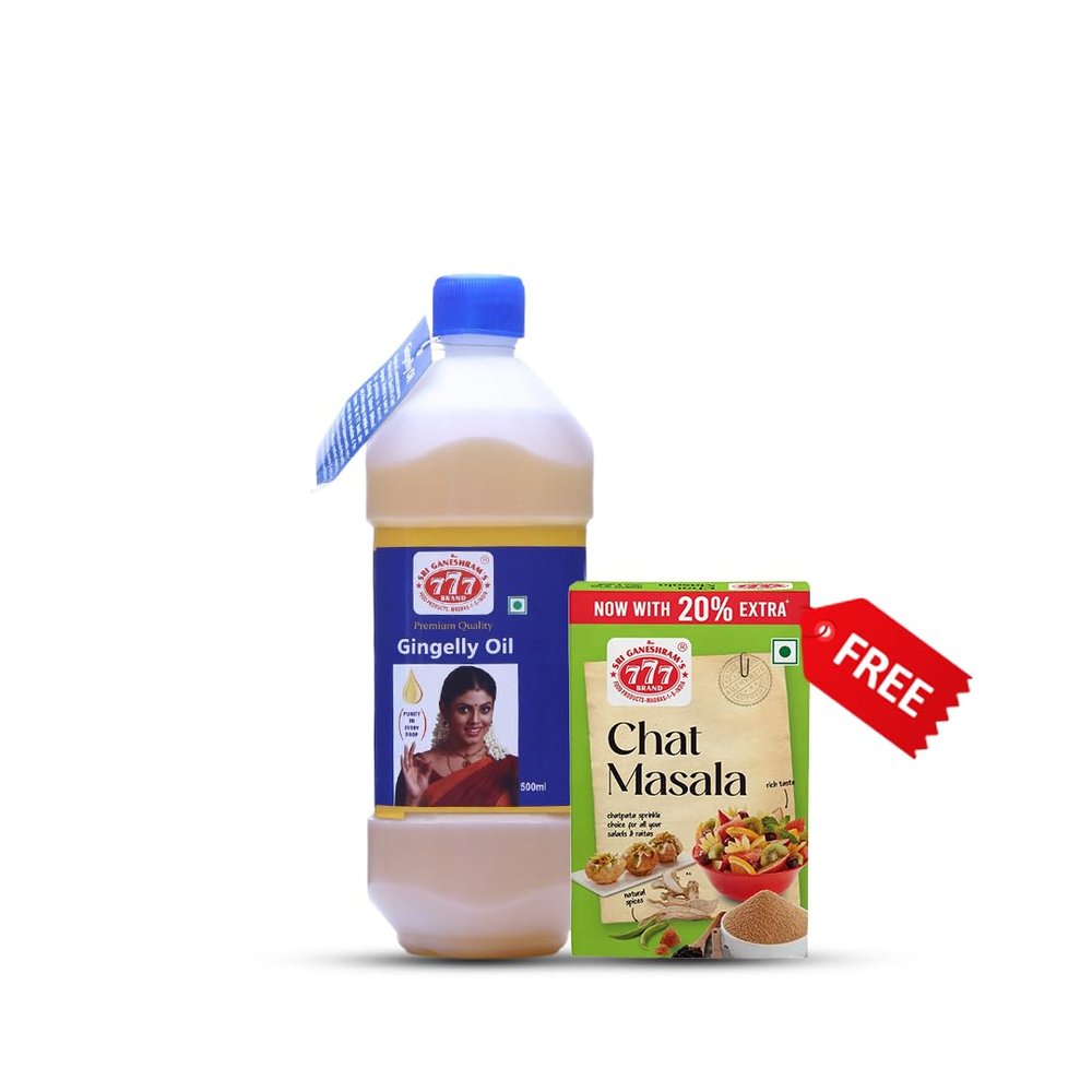 777 Gingelly Oil 1 Litre Jar | Pure Sesame Oil (Nallennai) for Cooking & Oil Pulling | Traditional Aroma | FREE 60g Chat Masala