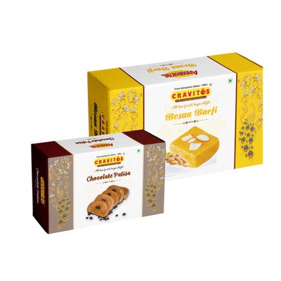 Cravitos Besan Barfi 200g & Chocolate Patisa 150g | Traditional Indian Sweet | Indian Mithai | Rich Gram Flour Barfi & Crunchy Cashew Patisa | Festival Mithai | Sweet Gift Pack for Celebrations