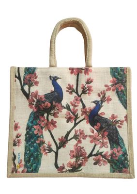 JAYASONS Multicolor Jute bag for Lunch Box, Grocery, Milk, Vegetable with Zip and Handle | Reusable Jute Bag, Peacock Printed Jute Bag, Grocery Shopping Bag, Multi-Purpose Bag