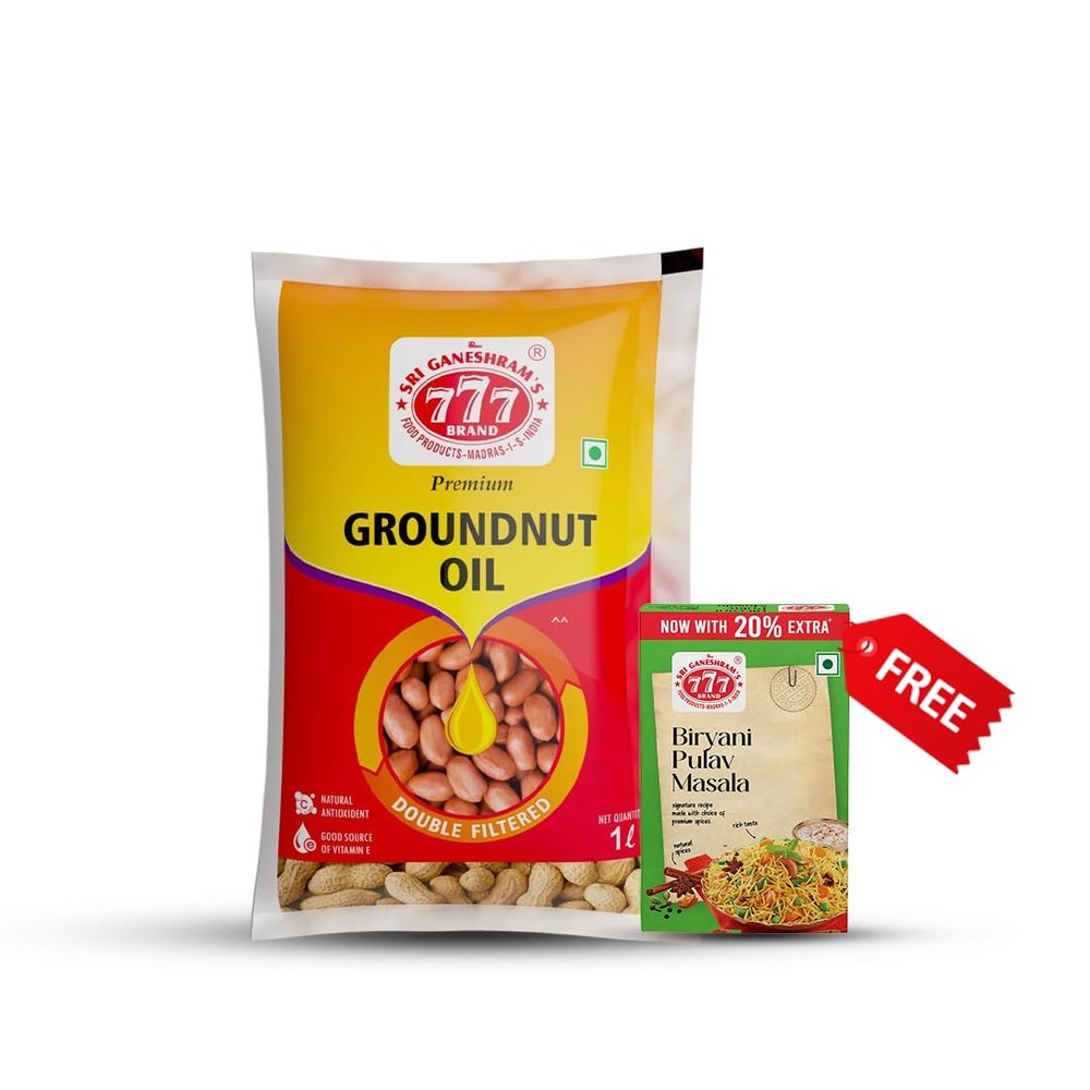 777 Groundnut Oil 1 Litre Pouch (Pack of 2) | Pure Peanut Oil (Kadalai Ennai) | For Deep Frying & Cooking | FREE 60g Biriyani Masala