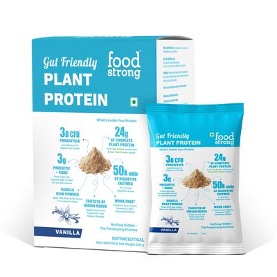 Foodstrong Gut Friendly Plant Protein - Vanilla | 24g Complete Plant Protein with Probiotics, Digestive Enzymes, Prebiotics & Indian Herbs | Vegan | No Sugar | 6 Sachets, 240g