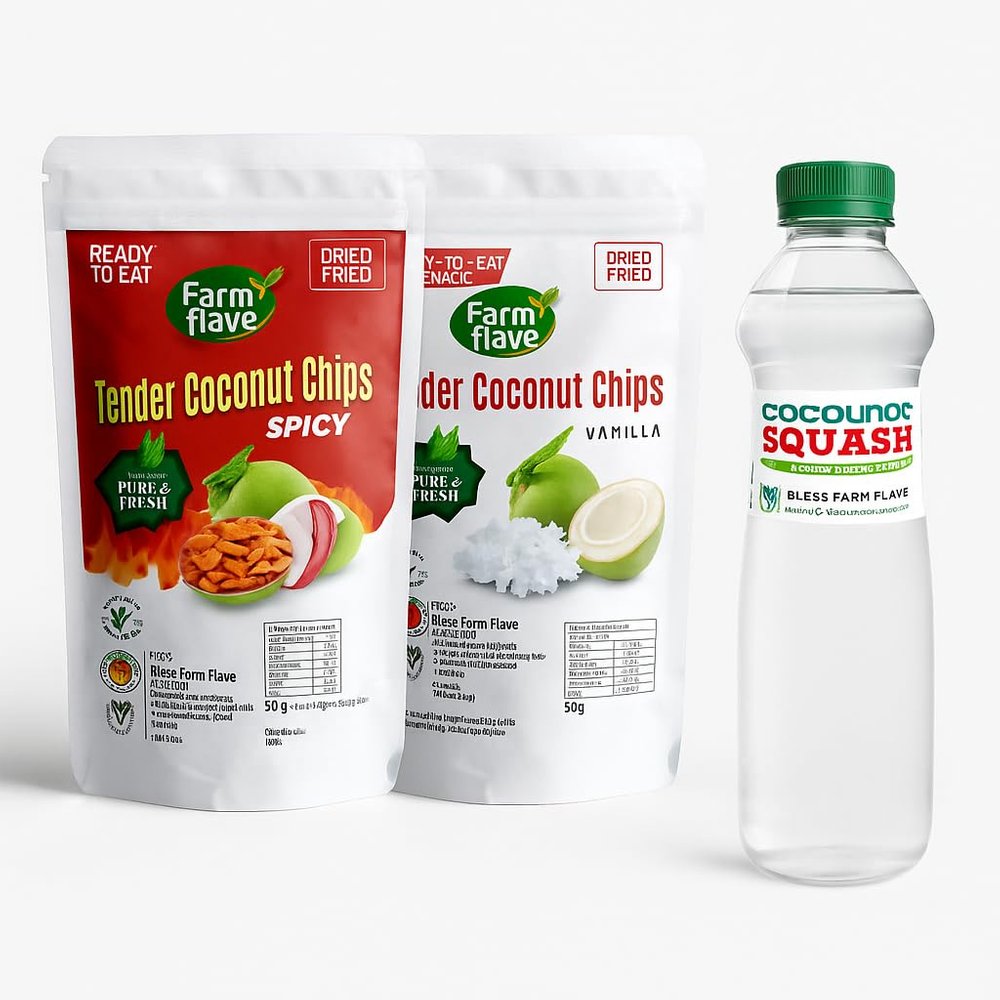 Farm Flave Tender Coconut Chips and Squash Combo Pack, Spicy and Vanilla Flavored Chips with Coconut Squash, Ready to Eat, 3 in 1