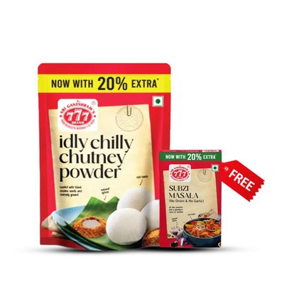 777 Idly Chilly Chutney Powder 100g + 20g Extra (Pack of 3) - Authentic Gun Powder Podi Masala | Traditional South Indian Idli Podi Powder & Spicy Karam idli mix | FREE 50g Subzi Masala