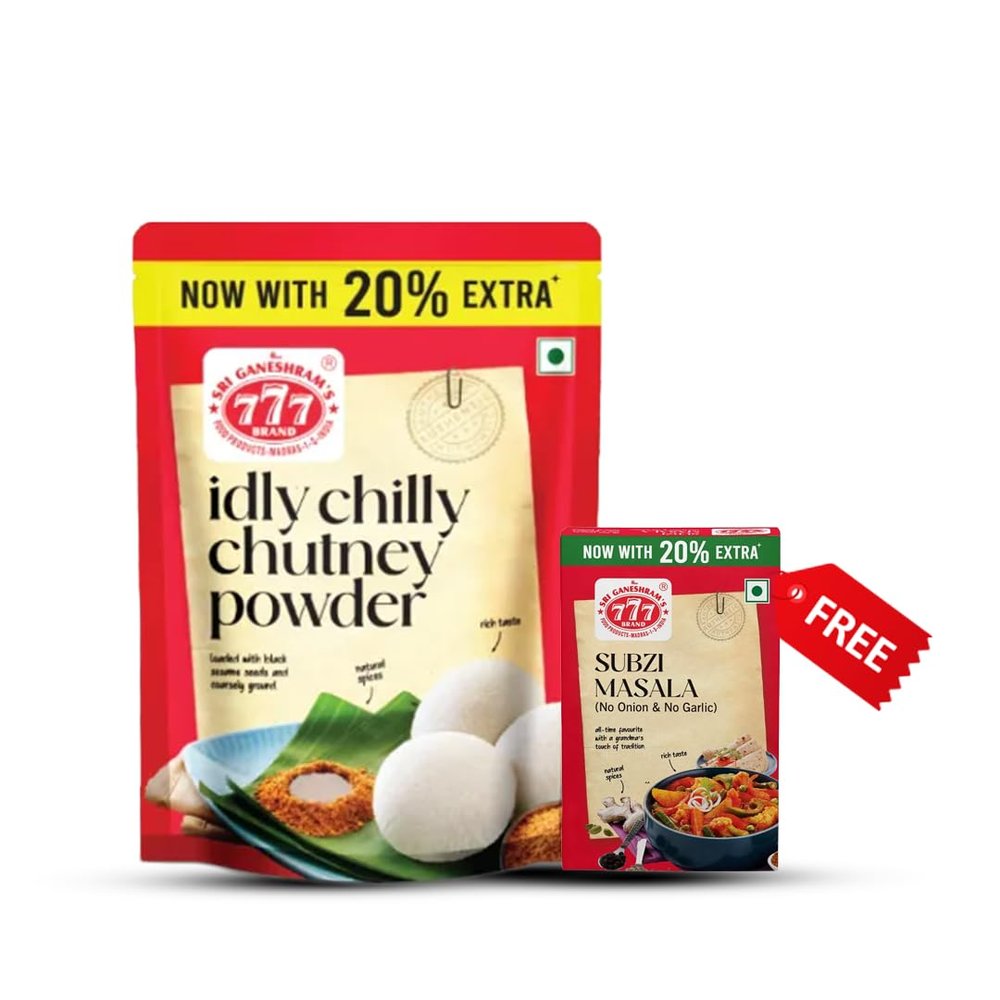 777 Idly Chilly Chutney Powder 100g + 20g Extra (Pack of 3) - Authentic Gun Powder Podi Masala | Traditional South Indian Idli Podi Powder & Spicy Karam idli mix | FREE 50g Subzi Masala