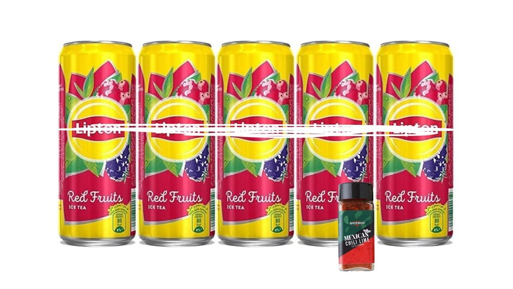 FruitJoy Liptons Red Fruits Ice Tea Drink Can, Ready to Drink Beverage, 320ml Can (Pack Of 5) + Free SpiceSnap Chilli Lime Seasoning