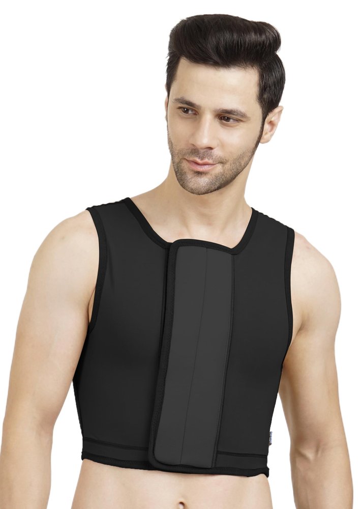 Dermapress Gynecomastia Short Vest || HIGH COMPRESSION || Velcro Closure || Chest Shapewear || Comfortable for Men || Tomboy Chest Binder || Shapewear for Post-Surgery | (Black, Back Velcro_XS)