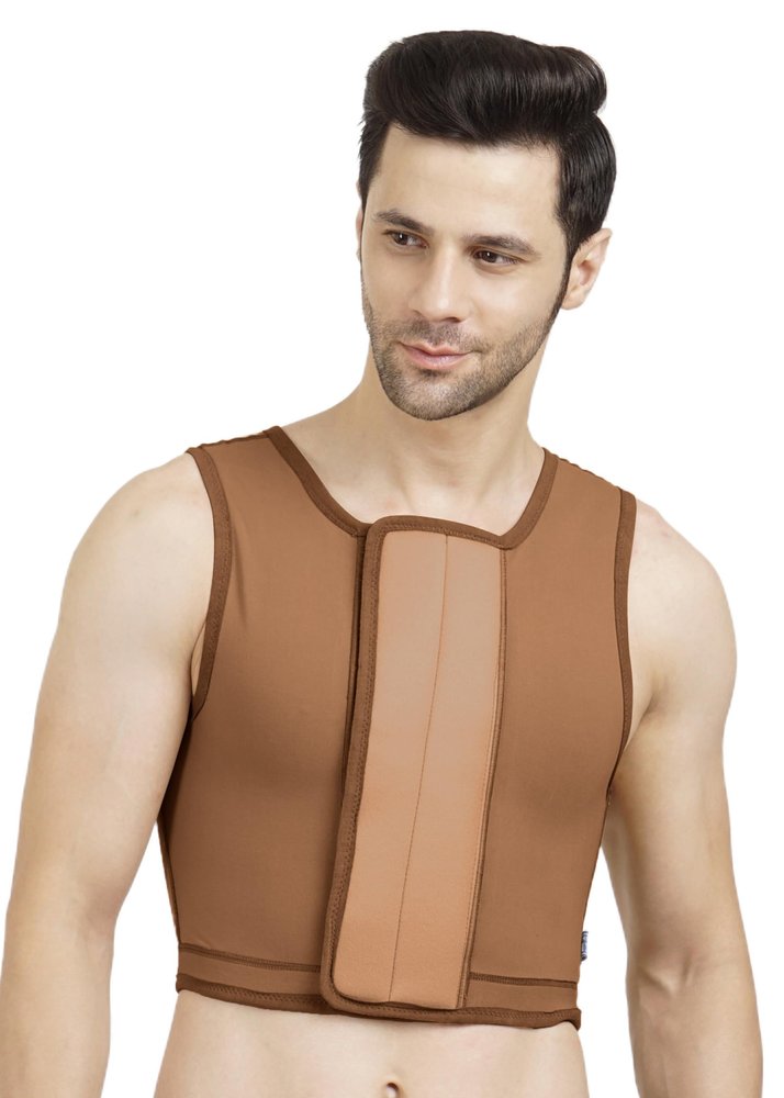 Dermapress Gynecomastia Short Vest || HIGH COMPRESSION || Velcro Closure || Chest Shapewear || Comfortable for Men || Tomboy Chest Binder || Shapewear for Post-Surgery | (Brown, Back Velcro_XS)