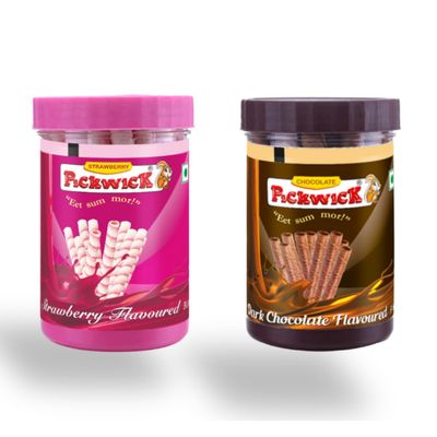 PICKWICK Chocolate & Strawberry Flavoured Wafer Rolls - Combo Pack, 150gm x 2 Jar | Indulge in our crispy, cream biscuit snacks-perfect for both kids and adults.