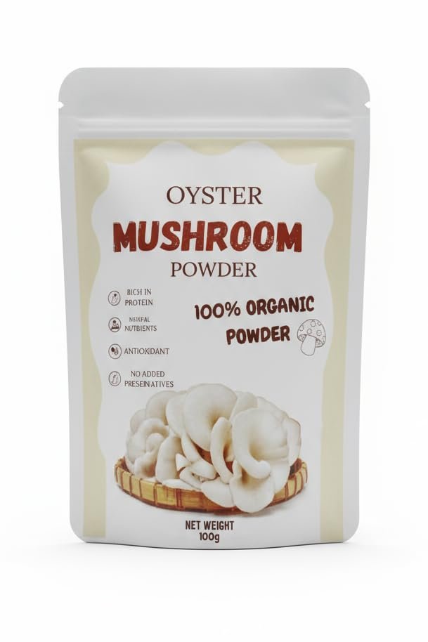 100% Organic Oyster Mushroom Powder, High Protein Natural Supplement, Antioxidant Rich, Preservative Free, 100g