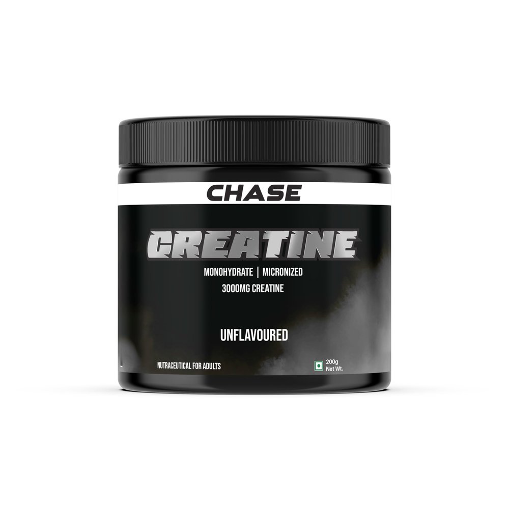 Chase Micronized Creatine Monohydrate Powder (200gm, 66 Servings) | 4g per Scoop of 100% Creatine Mono hydrate | Pre/Post Workout Supplement for Muscle, Strength & Energy | Unflavoured