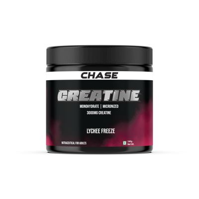 Chase Micronized Creatine Monohydrate Powder (240gm, 60 Servings) | 4g per Scoop of Creatine Mono hydrate | Pre/Post Workout Supplement for Muscle, Strength & Energy | Lychee Freeze Flavoured