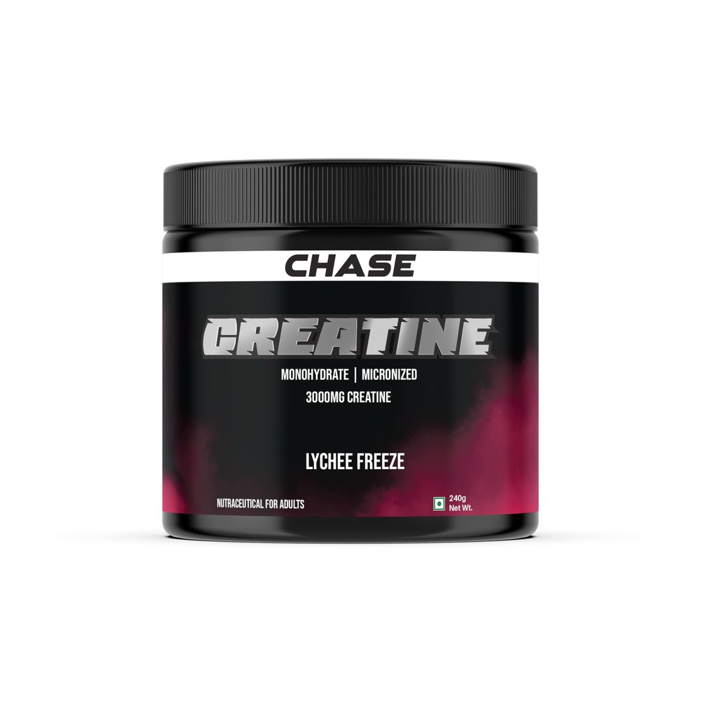 Chase Micronized Creatine Monohydrate Powder (240gm, 60 Servings) | 4g per Scoop of Creatine Mono hydrate | Pre/Post Workout Supplement for Muscle, Strength & Energy | Lychee Freeze Flavoured