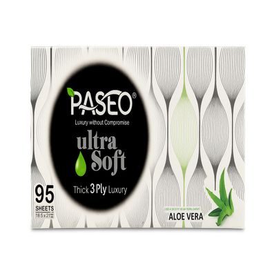 PASEO Ultra Soft 3 Ply Facial Tissues | Luxury without Compromise | Soothing - Luxury Tissue ALOE VERA | 95 Pulls per Box | Pack of 16 |