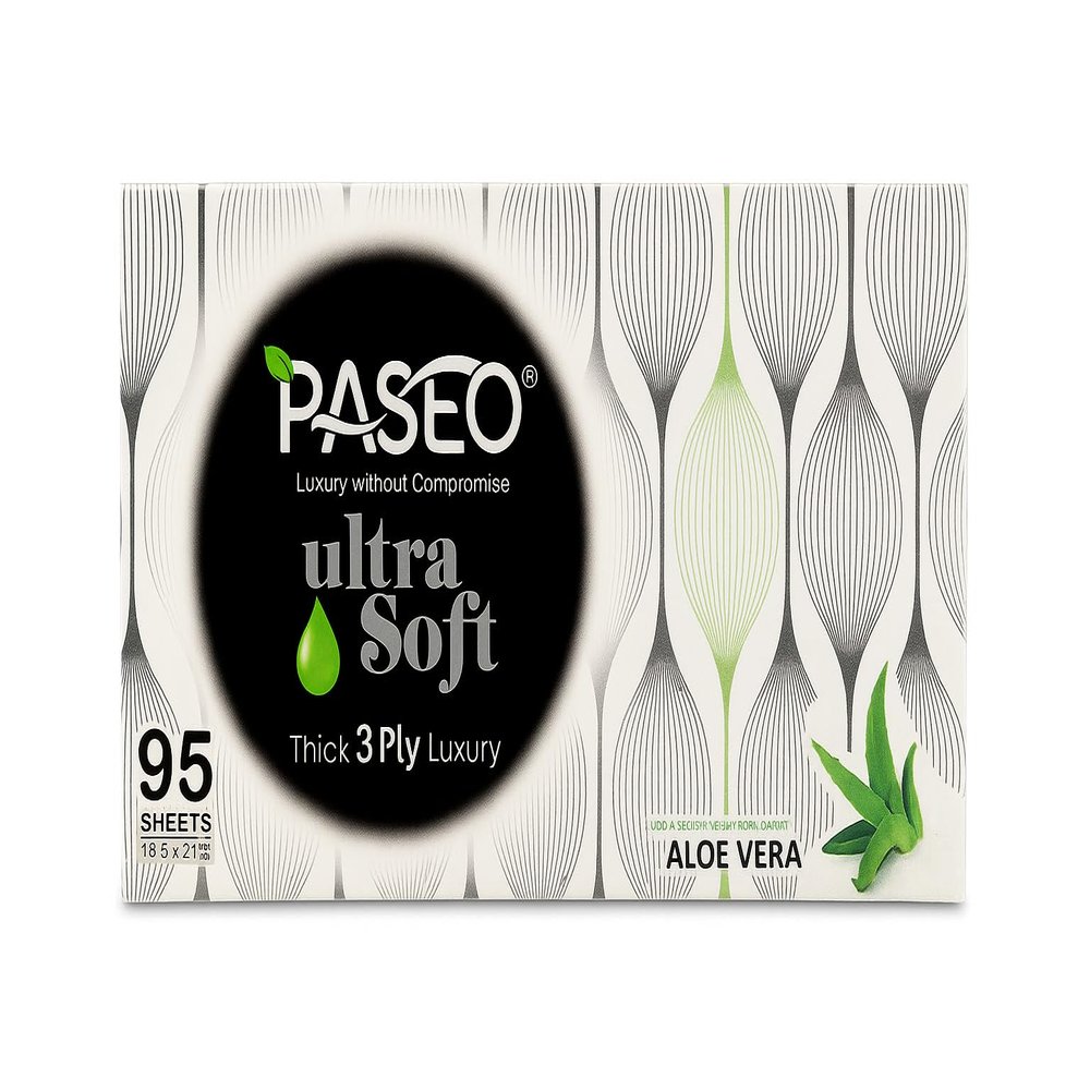 PASEO Ultra Soft 3 Ply Facial Tissues | Luxury without Compromise | Soothing - Luxury Tissue ALOE VERA | 95 Pulls per Box | Pack of 16 |