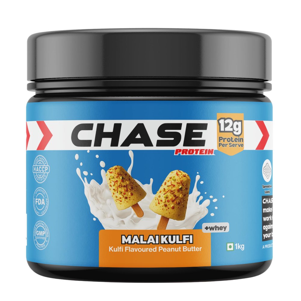 Chase High Protein Peanut Butter Creamy 1kg | With Isolate Whey & 300g Protein in Jar | 12g Per Serve | Malai kulfi Flavour With Chunks | Tasty & Healthy Nut Butter Spread for Breakfast, Fitness, Gym