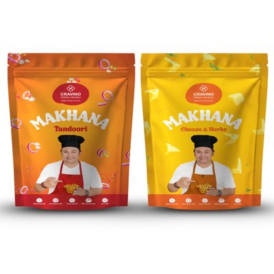CRAVINO Roasted Makhana Combo  Tandoori & Cheese Herbs Flavours | Healthy Fox Nuts | Protein-Rich, Antioxidant Packed, Zero Cholesterol, Gluten-Free Snack | 50g x 2 Pack