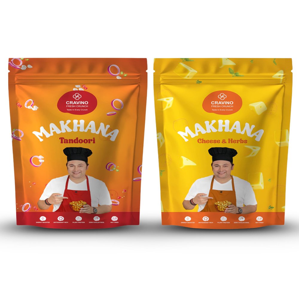 CRAVINO Roasted Makhana Combo  Tandoori & Cheese Herbs Flavours | Healthy Fox Nuts | Protein-Rich, Antioxidant Packed, Zero Cholesterol, Gluten-Free Snack | 50g x 2 Pack