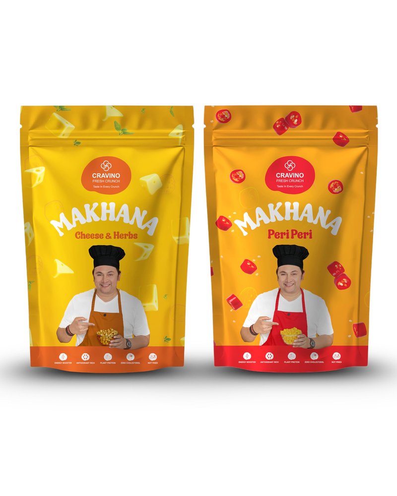 CRAVINO Premium Roasted Makhana Combo  Peri Peri & Cheese Herbs Flavours | Spicy & Savory Fox Nuts | High Protein, Gluten-Free, Antioxidant Rich Snack | Guilt-Free Energy Booster | 50g x 2 Pack