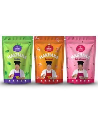 CRAVINO Roasted Makhana Combo Pudina, Tandoori & Salt & Pepper Flavours | Minty, Spicy & Classic Fox Nuts | Protein-Rich, Antioxidant Packed, Zero Cholesterol Snack | 50g x 3 Pack