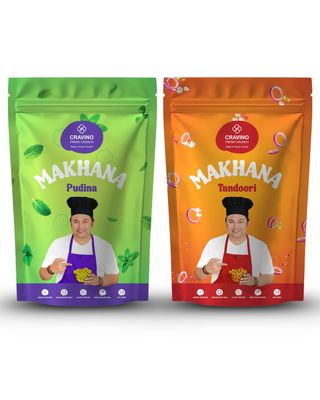 CRAVINO Roasted Makhana Combo Pudina & Tandoori Flavours | Mint Fresh & Spicy Fox Nuts | Protein-Rich, Antioxidant Packed, Zero Cholesterol, Healthy Snack | 50g x 2 Pack