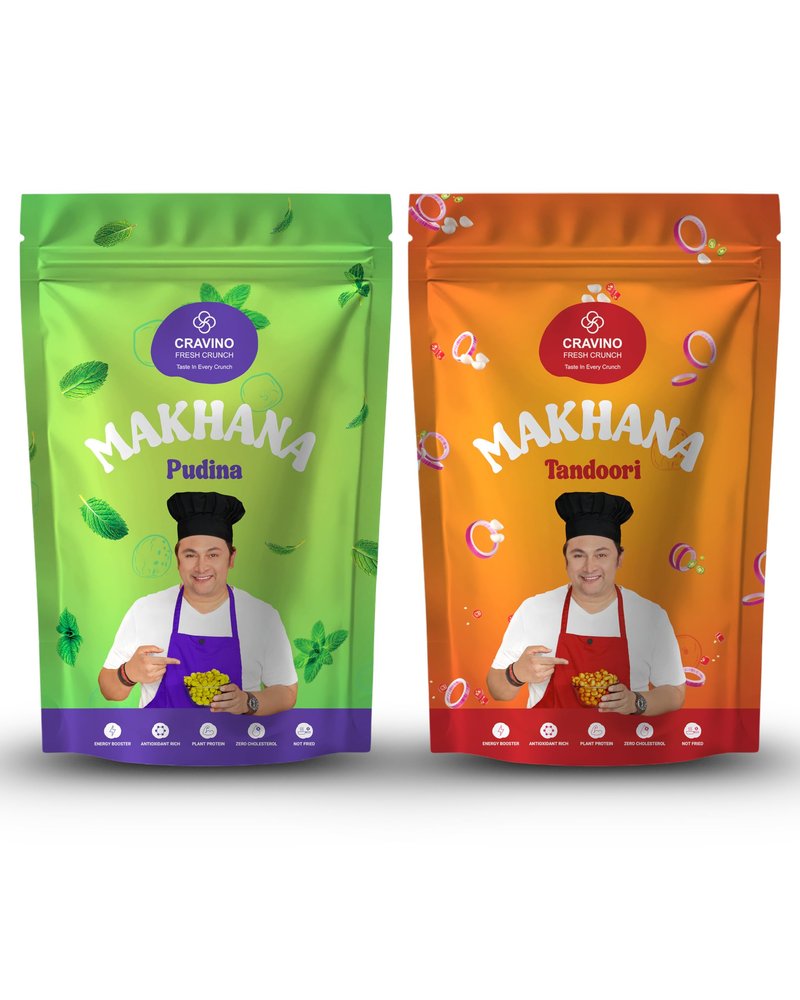 CRAVINO Roasted Makhana Combo  Pudina & Tandoori Flavours | Mint Fresh & Spicy Fox Nuts | Protein-Rich, Antioxidant Packed, Zero Cholesterol, Healthy Snack | 50g x 2 Pack