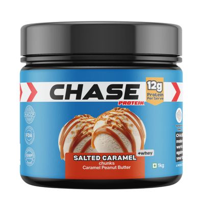Chase High Protein Peanut Butter Creamy 1kg | With Isolate Whey & 300g Protein in Jar | 12g Per Serve | Salted Caramel Flavour with Chunks | Healthy Nut Butter Spread for Breakfast, Fitness, Gym