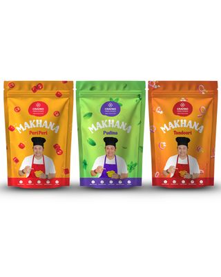 CRAVINO Premium Roasted Makhana Combo Pudina, Peri Peri & Tandoori Flavours | Minty, Spicy & Tangy Fox Nuts | Protein-Rich, Antioxidant Packed, Zero Cholesterol Snack | 50g x 3 Pack
