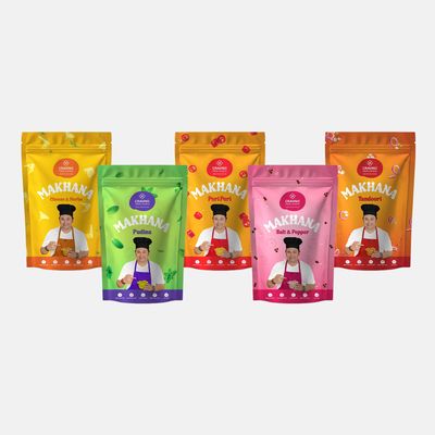 CRAVINO Premium Roasted Makhana 5-Flavour Combo Tandoori, Peri Peri, Pudina, Salt & Pepper & Cheese Herbs | Spicy, Minty & Savory Fox Nuts | Protein-Rich, Antioxidant Packed, 50g x 5 Pack