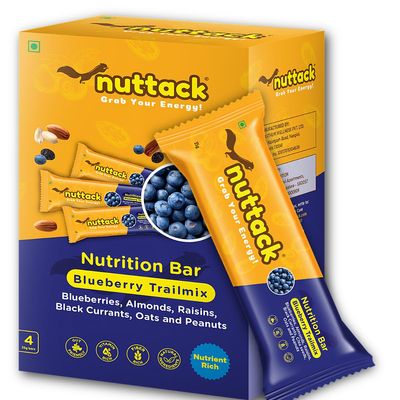 Nuttack Energy Bars | Blueberry | Nutrition Bars | Pack of 4 | Breakfast Bars | Trailmix | Healthy Snack Bar | Tasty Cereal Bars | Oat | High Fiber | Meal Replacement | No Sugar | Gluten Free | Gut Friendly | No Palm Oil | Vegetarian