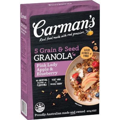 Carman's 5 Grain & Seed Whole Grains 52% (Oats, Rye, Barley, Wheat Flakes, Buckwheat) with Pink Lady Apple & Blueberry. 100% Natural Ingredients. No Preservatives. No Artifical Color or Flavour. Made in Australia