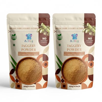 AdiRaj Organic Jaggery Powder | 100% Natural Unrefined Chemical-Free Sweetener | Healthy Desi Jaggery Sugar Alternative for Cooking Baking Beverages (Pack of 2, 400g each)