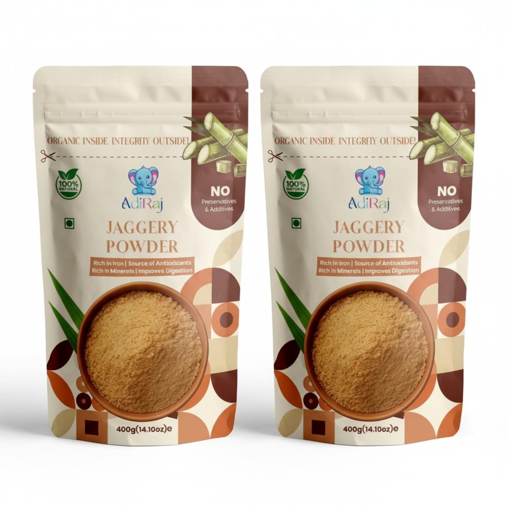 AdiRaj Organic Jaggery Powder | 100% Natural Unrefined Chemical-Free Sweetener | Healthy Desi Jaggery Sugar Alternative for Cooking Baking Beverages (Pack of 2, 400g each)