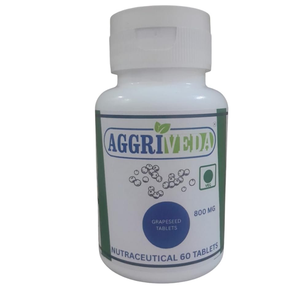 Aggriveda Grapeseed Tablets 800 Mg Made with Pure Grapeseed Powder | Heart health Supplements Effective | AntiOxidant Support Tablet for Skin | Cholesterol Lowering Support Tablet | Bone Strength Herbal Supplement | Healthy Heart Caps | Brain Health